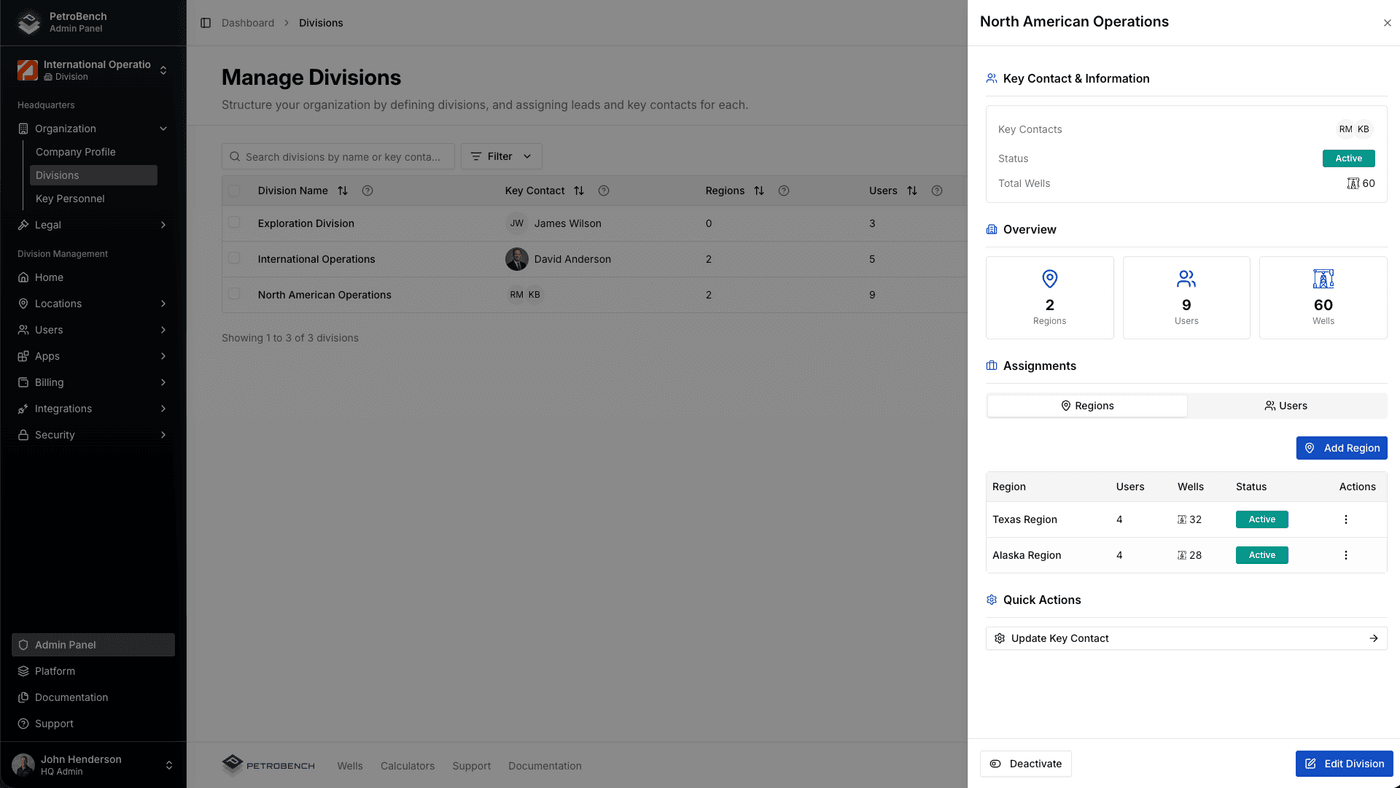 Division detail slideout with regions and stats