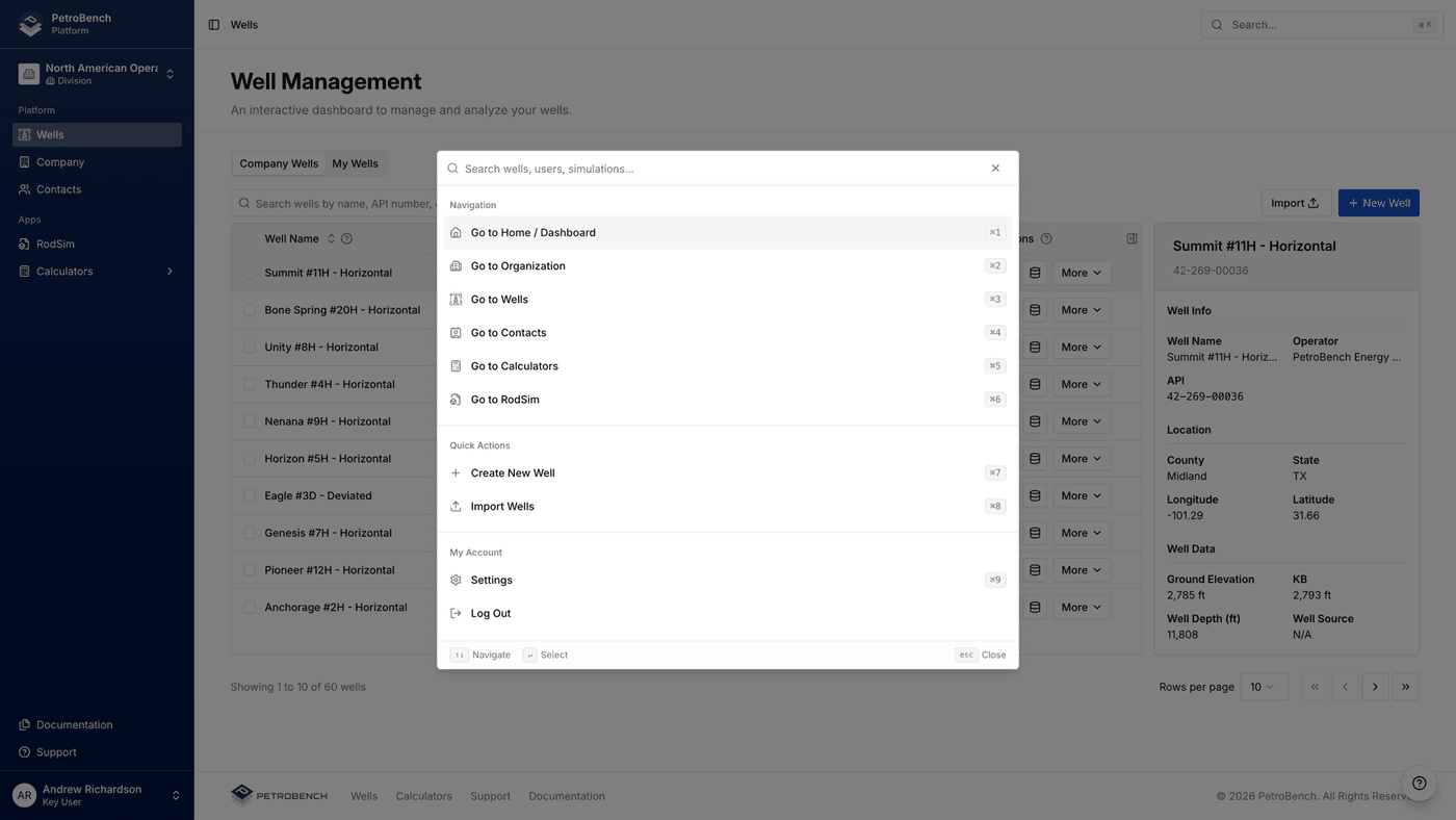 Searchable command palette for quick navigation