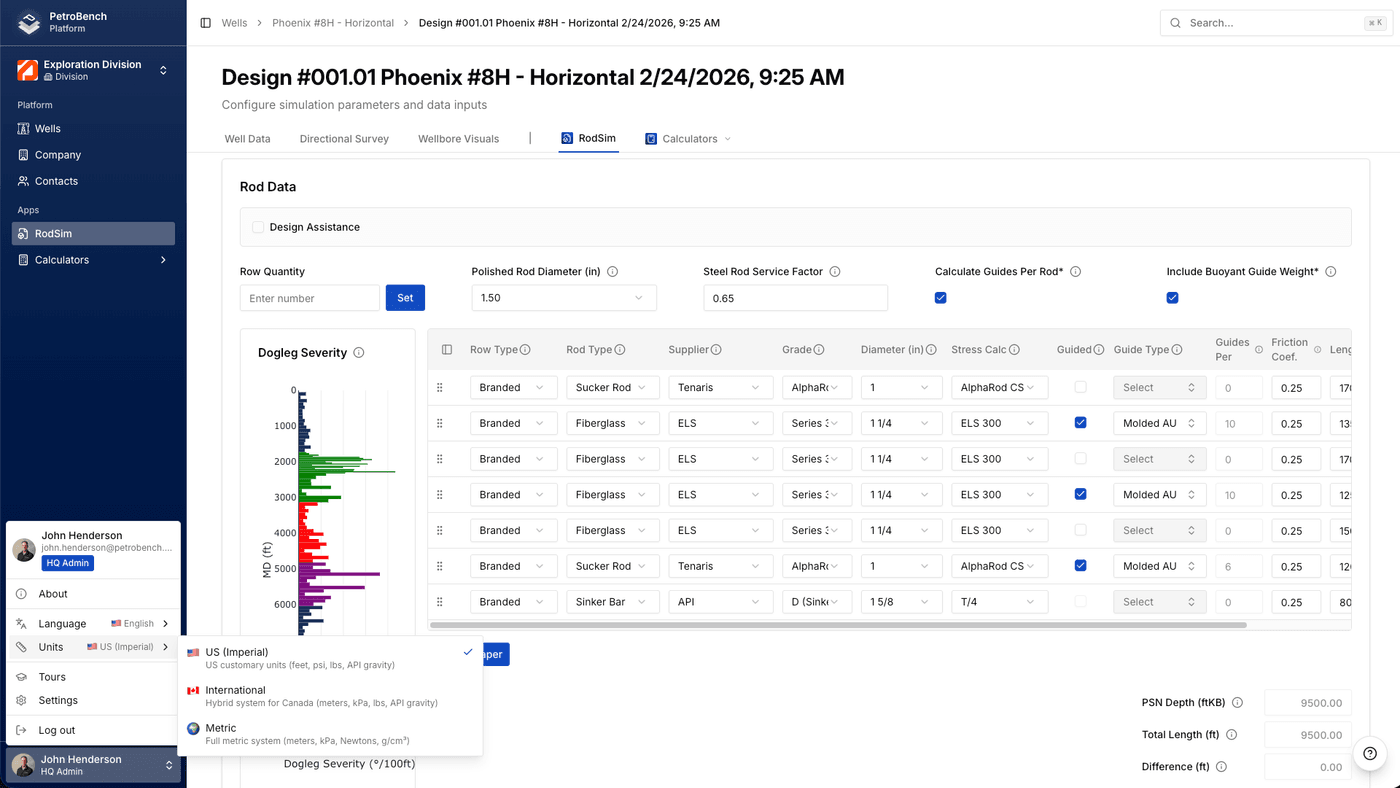 Simulation interface with US Imperial units applied